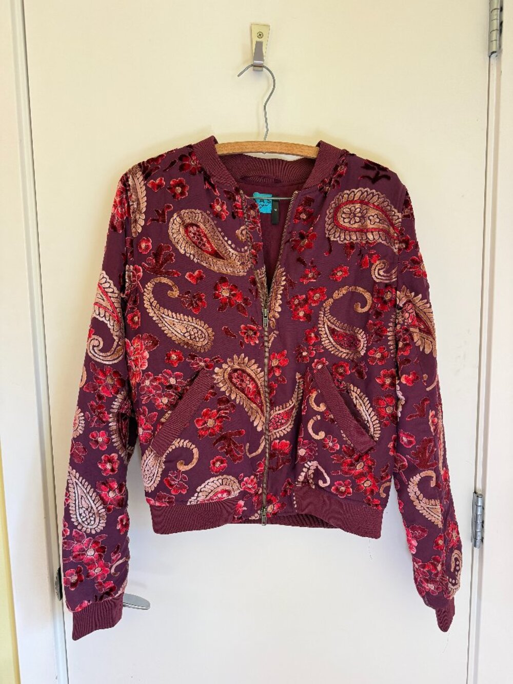 KAS Designs Burnout Velvet Paisley Bomber Jacket Maroon Size M